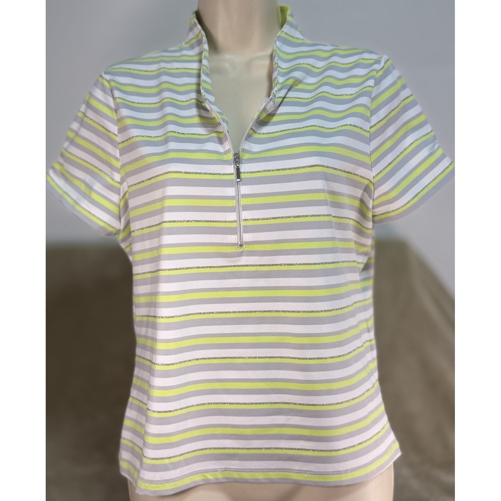 Chico's Zenergy Golf Shirt Short Sleeve 1/4 Zip Size 1 Lime Green White & Silver